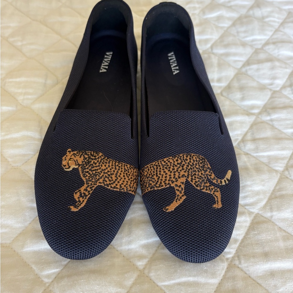 Vivaia Dark Blue Margot Leopard Loafers